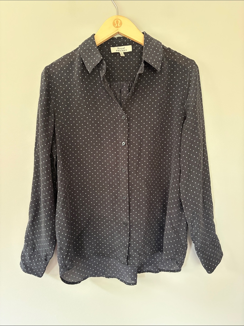 Royal Project Polka Dot Silk Button Down Shirt Small Black Gray Work